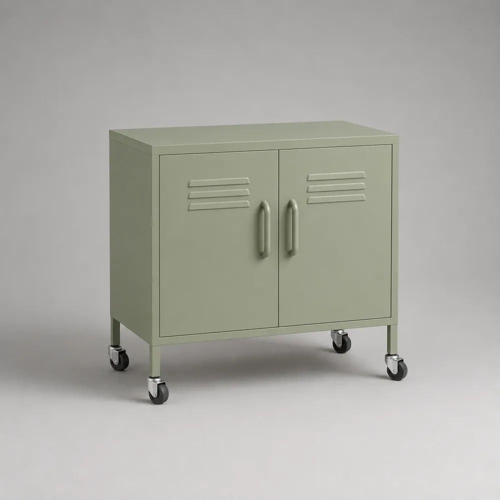 Rollbarer Büroschrank aus pulverbeschichtetem Stahl mit 2 Türen und 4 Lenkrollen, Salbeigrün, 80 × 40 × 75 cm