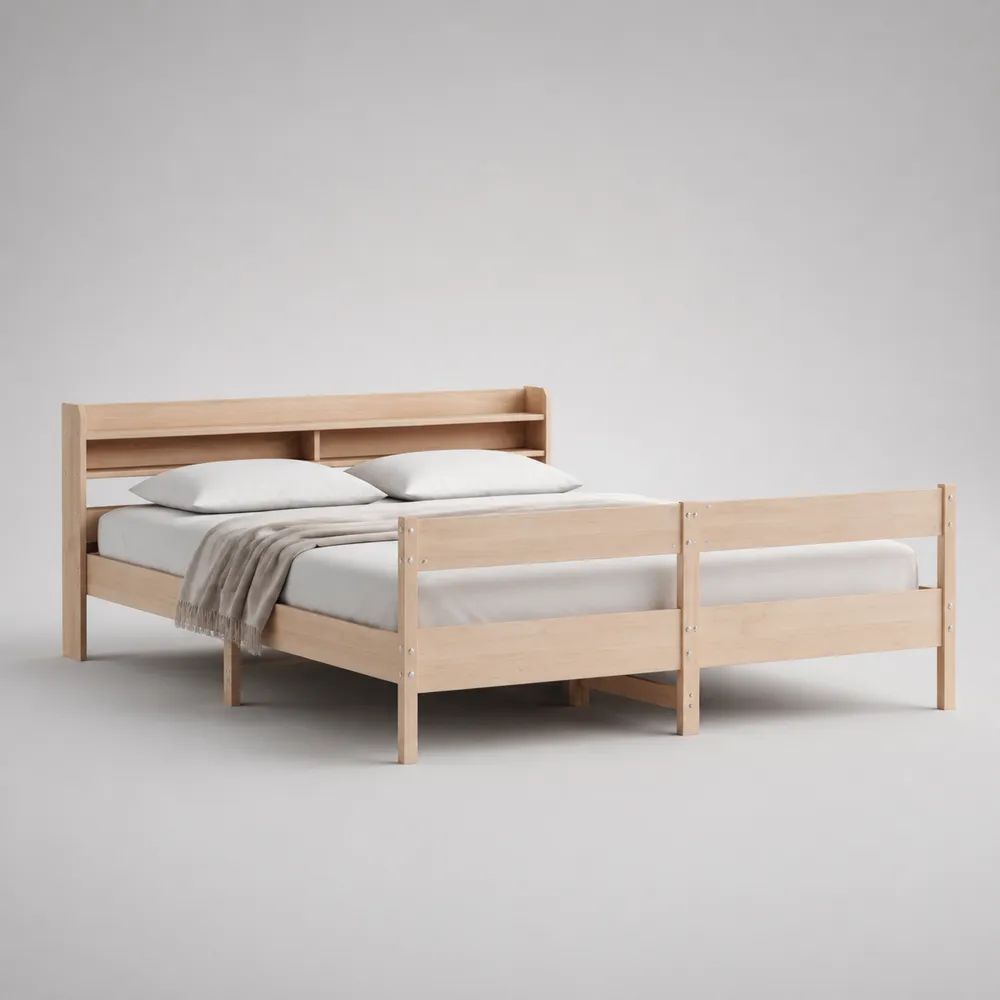 Doppelbett-Bettgestell aus massivem Kiefernholz mit Rausfallschutz und Kopfteilablage, Hellbraun, 160 x 200 cm