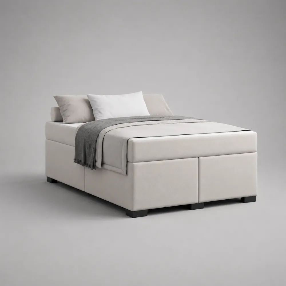 Boxspringbett 4-teilig mit Matratze, Metallfederkern und Stoffbezug, Cremeweiß, 160 x 200 cm
