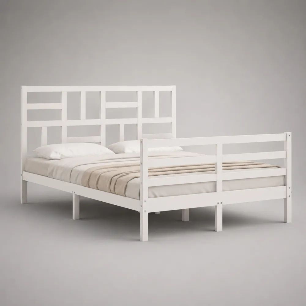 Doppelbett aus massivem Kiefernholz mit Lattenrost, hohem Kopfteil und Fußteil, Liegefläche 140 × 200 cm, Weiß