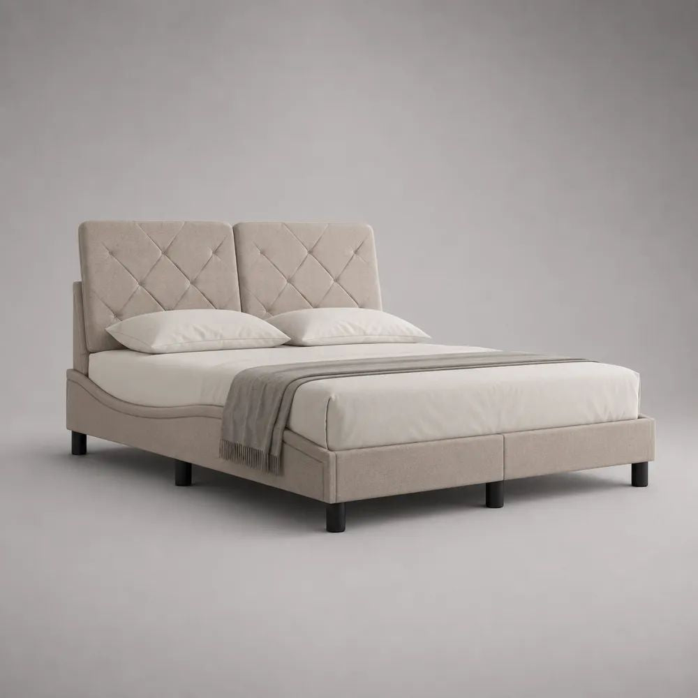 Polsterbett Doppelbett mit Polyester-Samtbezug und geteiltem Kopfteil, Beige, 180 × 200 cm