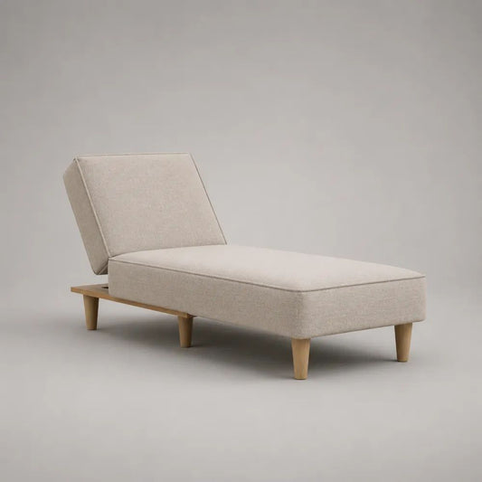 Chaiselongue Relaxliege mit verstellbarer Rückenlehne, Polyesterbezug und Massivholzgestell, Beige/Natur, 170 x 74 x 82 cm