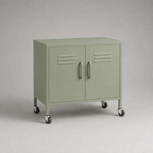 Rollbarer Büroschrank aus pulverbeschichtetem Stahl mit 2 Türen und 4 Lenkrollen, Salbeigrün, 80 × 40 × 75 cm