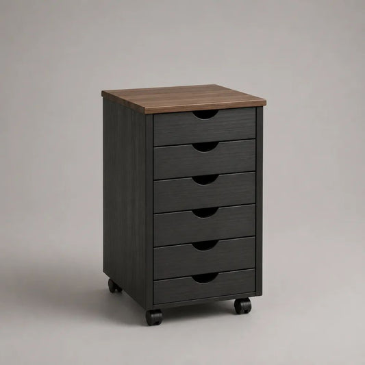 Büro-Rollcontainer mit 6 Schubladen aus melaminharzbeschichteter Spanplatte, Schwarz/Braun, 40 × 40 × 72 cm