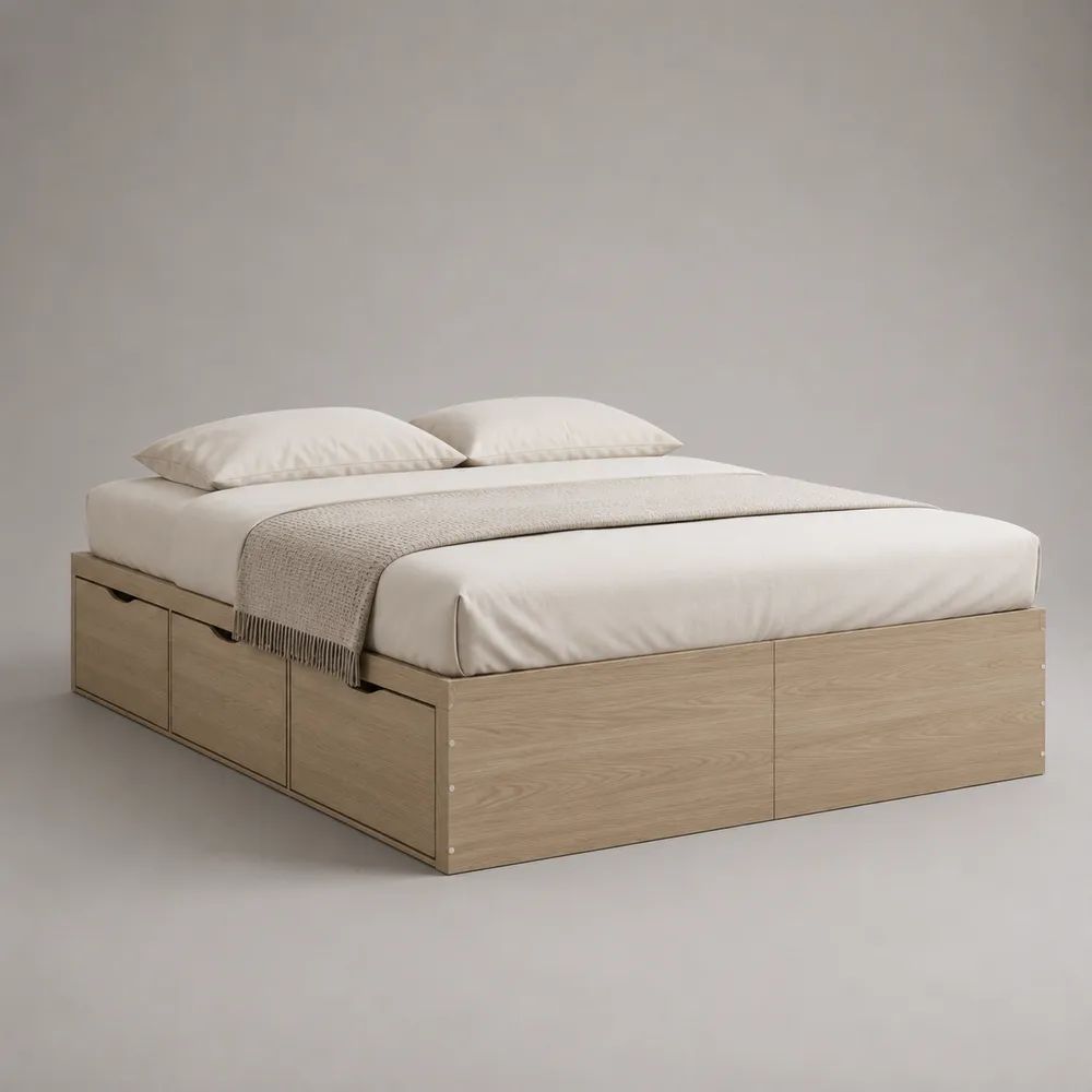 Stauraumbett 160 x 200 cm aus melaminbeschichteter Spanplatte mit 3 Schubladen in heller Eiche