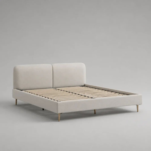 Polsterbett Doppelbett mit Lattenrost und Polyesterbezug, Beige mit naturfarbenen Füßen, Liegefläche 180 x 200 cm