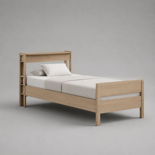 Einzelbett mit Regal-Kopfteil, 90 x 200 cm, Bettgestell aus massivem Kiefernholz und MDF, Eiche Natur