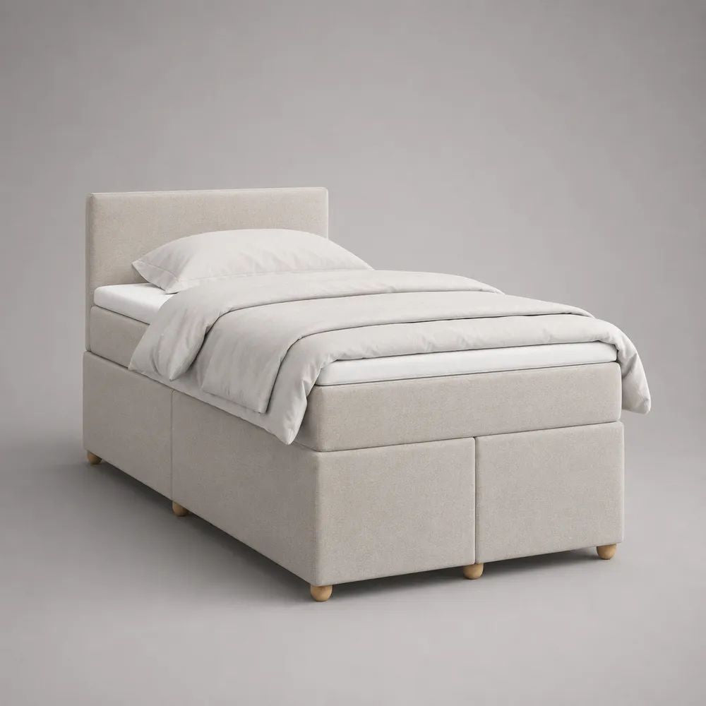 Boxspringbett 140 x 200 cm mit Matratze und Topper, gepolstertes Doppelbett mit Stoffbezug, Creme