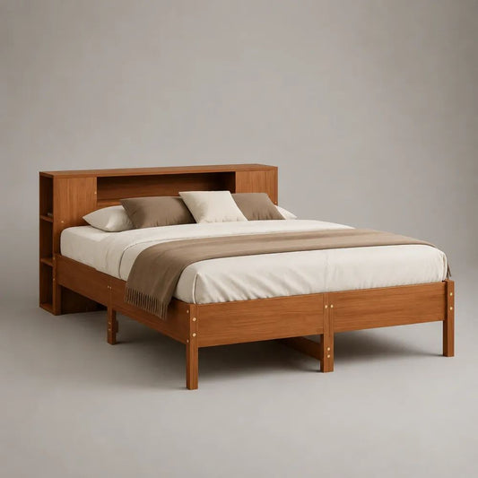 Doppelbett mit Regal-Kopfteil aus melaminbeschichteter Spanplatte, Teakbraun, Liegefläche 180 x 200 cm, Gesamtmaß 218 x 220 x 105 cm