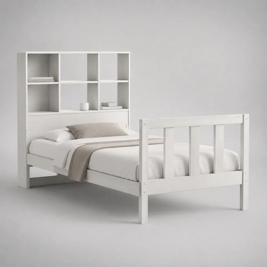 Einzelbett mit Regal-Kopfteil und Lattenrost aus Kiefer-Massivholz und MDF, 90 × 200 cm, Weiß