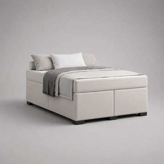 Boxspringbett 4-teilig mit Matratze, Metallfederkern und Stoffbezug, Cremeweiß, 160 x 200 cm
