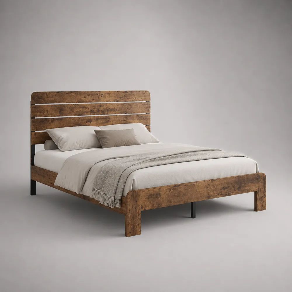 Doppelbett mit Lattenrost, Holz- und Metall-Bettrahmen, Braun/Schwarz, 208 × 166 × 110 cm, Liegefläche 160 × 200 cm