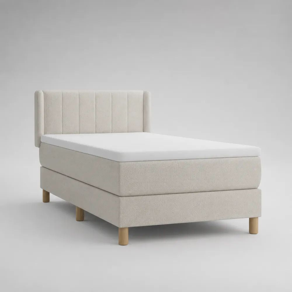 Boxspringbett 140 x 200 cm mit Taschenfederkernmatratze und Topper, Stoffbezug Creme, Holzfüße Natur, Gesamtmaß 151 x 215 x 116 cm