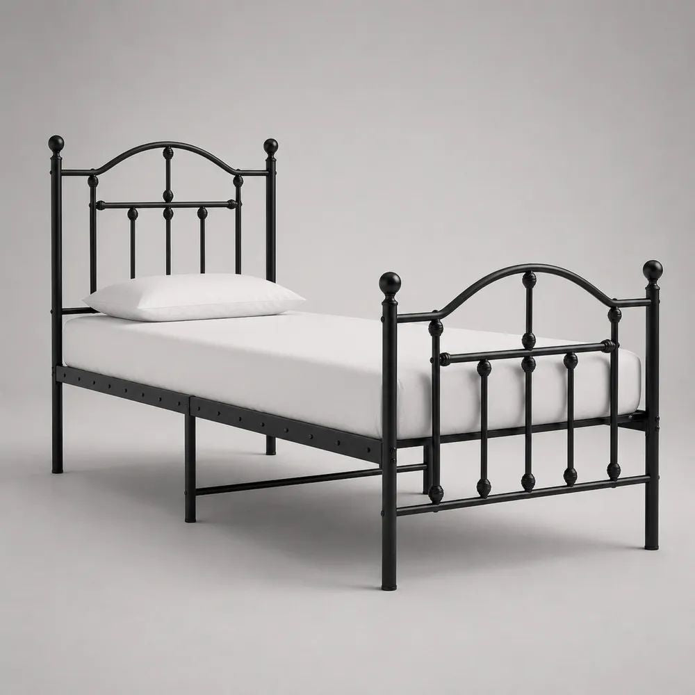 Metallbett Einzelbett aus Stahl mit Bogenkopfteil, Schwarz, 90 × 200 cm