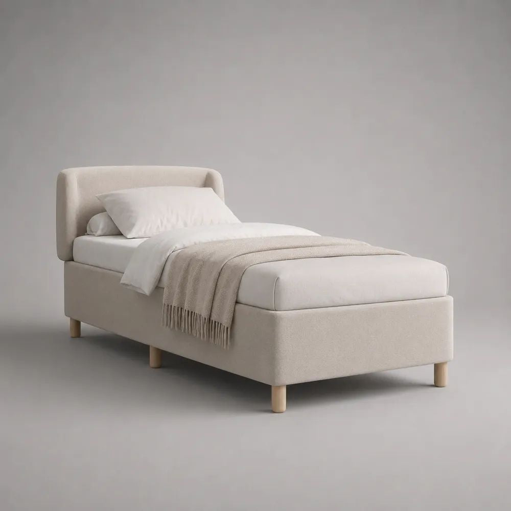 Polsterbettgestell Einzelbett mit Bouclébezug, Creme/Hellnatur, 90 × 200 cm