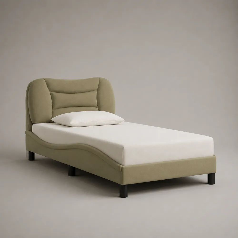 Polsterbett Einzelbett aus Stoff mit Lattenrost und gepolstertem Kopfteil, Gesamtmaß 213 x 105 x 117 cm, Liegefläche 90 x 200 cm, Olivgrün