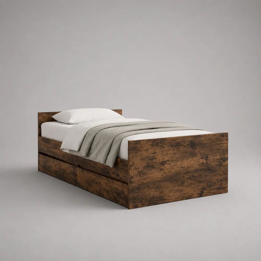 Einzelbett aus Holz mit 2 Schubladen, Braun/Dunkelbraun, Liegefläche 90 × 200 cm, Gesamtmaß 205 × 96 × 80 cm