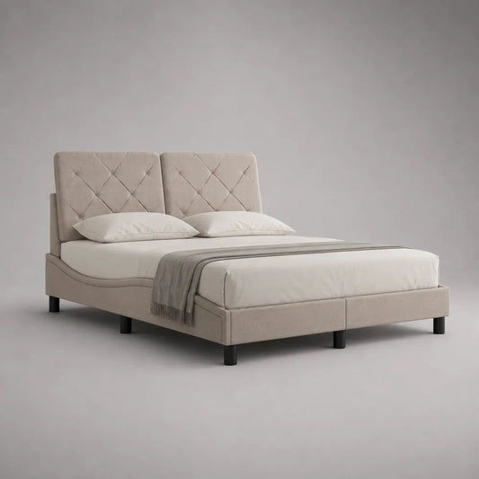 Polsterbett Doppelbett mit Polyester-Samtbezug und geteiltem Kopfteil, Beige, 180 × 200 cm